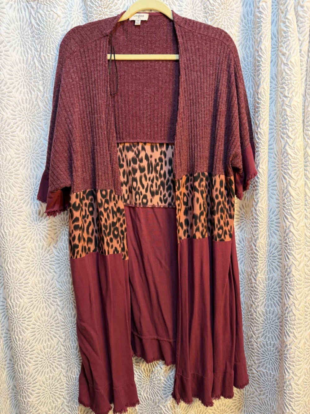 Umgee Maroon Open Front Cardigan with Leopard Panels
